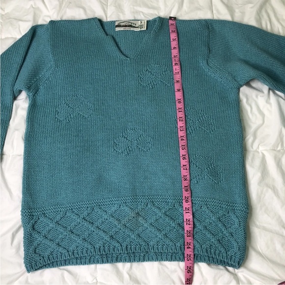 Aran Crafts Ireland Teal 100% Merino Wool Clover Knit Sweater - Picture 6 of 7